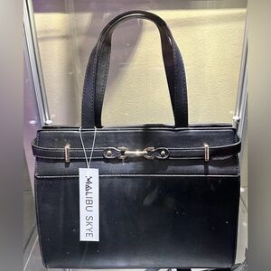 Malibu Skye Black Structured Vegan Leather Tote with Gold Hardware